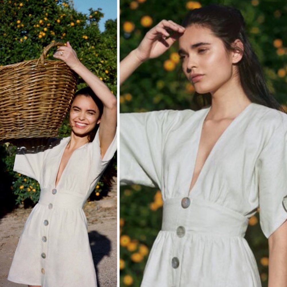 Reformation Ty Kimono Sleeve Plunging V Linen Mini Dress